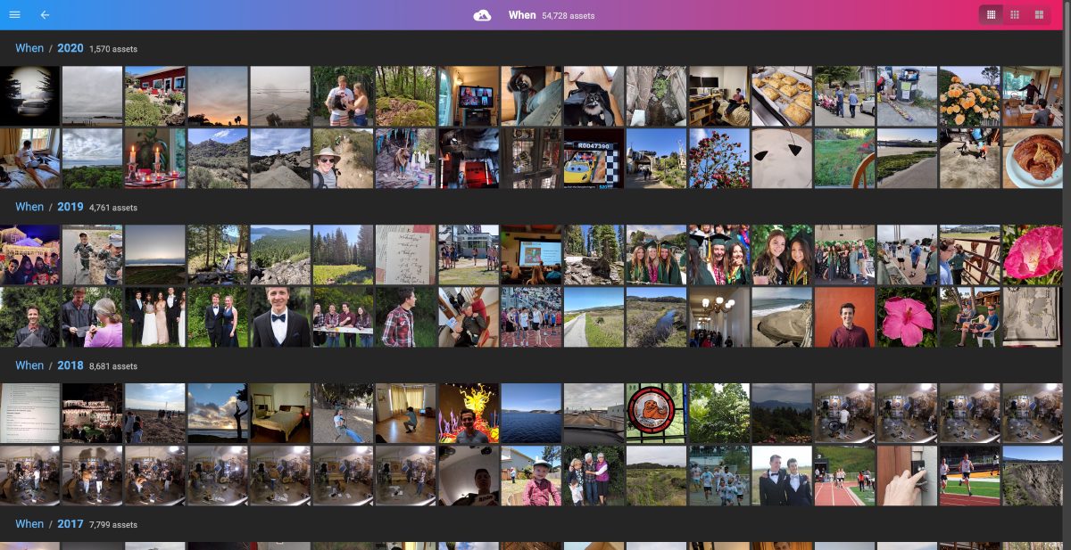 PhotoStructure's When view, showing random sample photos from every year
