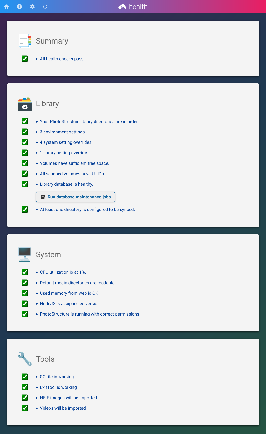 PhotoStructure&rsquo;s new health check page