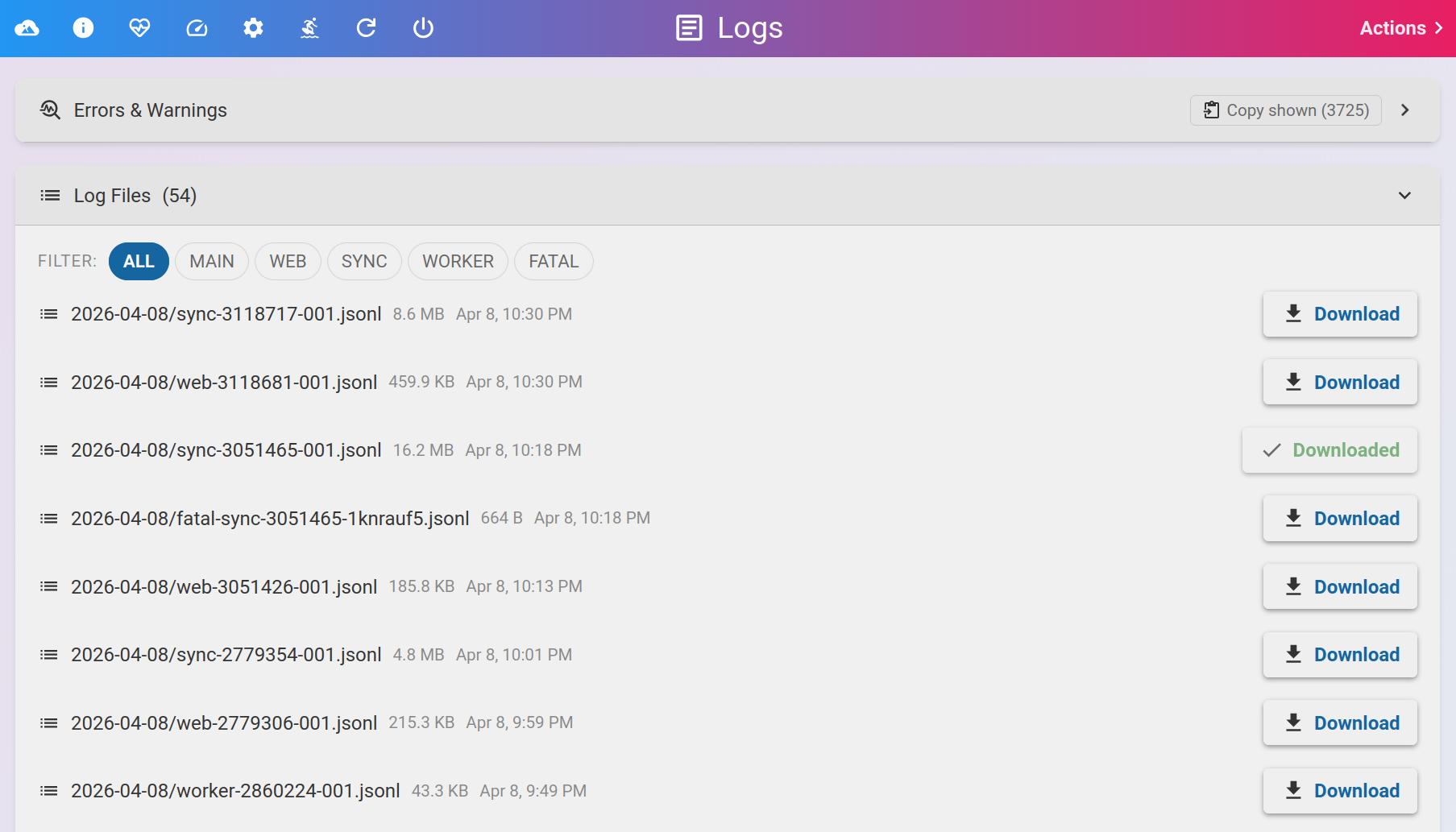 Log files with type filters and per-file download