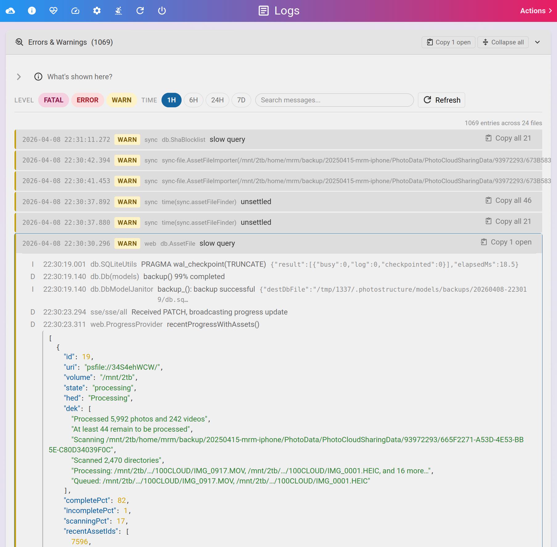The Errors & Warnings viewer with level and time-range filters